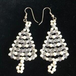 Vintage Pierced Christmas Tree Beaded Dangle Earrings